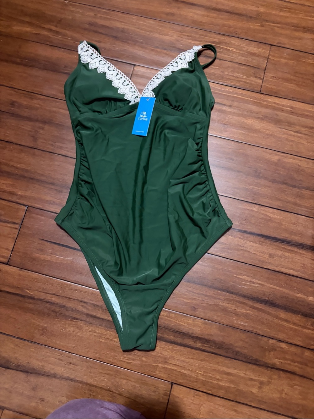Cupshe Olive Green One-Piece Swimsuit with White Lace Trim